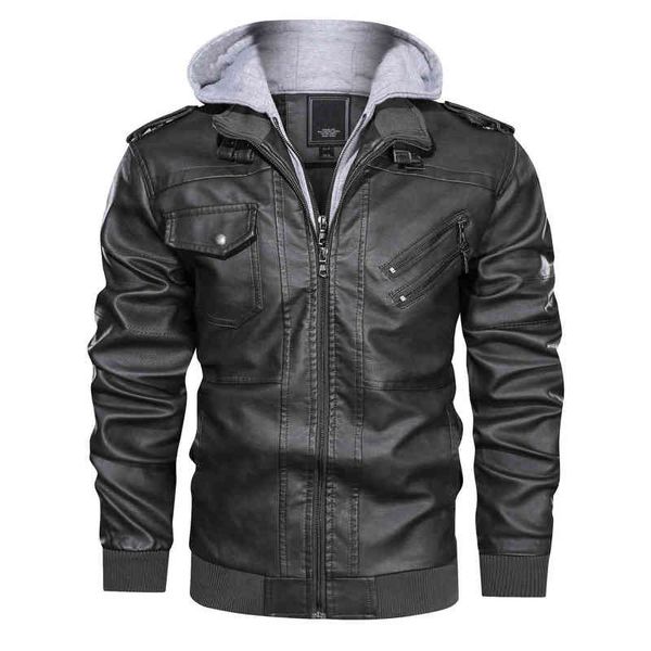 Jaqueta de couro masculina outono inverno slim manga longa jaqueta meninos com capuz de grande tamanho PU couro preto moto motocicleta jaqueta macho xxl l220725