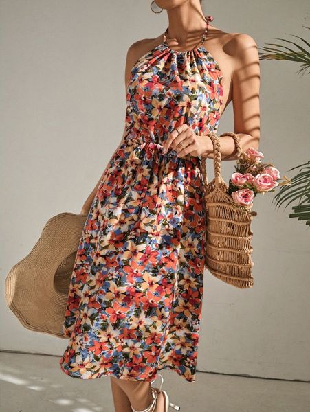 

allover floral print tied backless cami dress b08h#, Black;gray