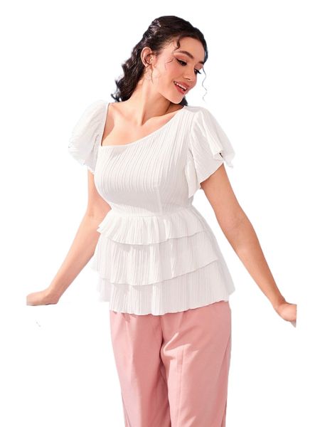 

butterfly sleeve asymmetrical neck layered ruffle trim peplum blouse x3zh#, White