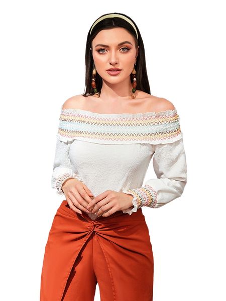 

chevron shirred frill off shoulder blouse 92qm#, White