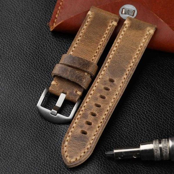 

watch bands handmade leather watchband 20 21 22 23 24 26mm folded in half to make soft layer strap retro style for pam111, Black;brown