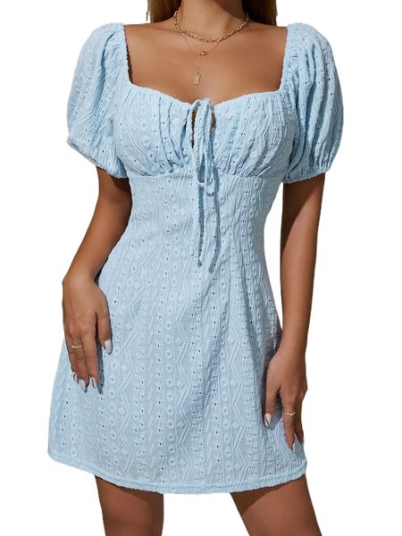 

eyelet embroidery tie front dress o6nb#, Black;gray