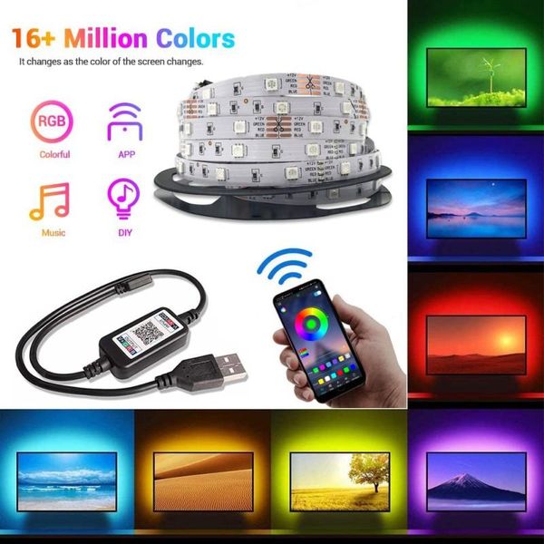 Strisce 1/2/5M LED Strip Light USB Music Corda Lampada Flessibile Cambia colore TV fai da te Retroilluminazione App Controllo Nastro Illuminazione Decorazione StrisceLED