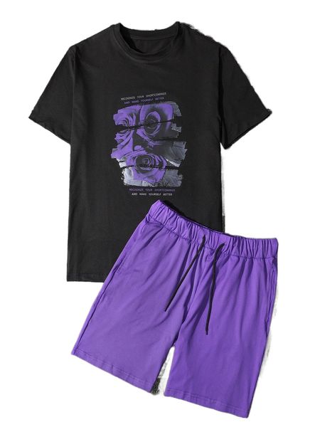 

men rose & slogan graphic tee & drawstring waist shorts f3ct#, Gray