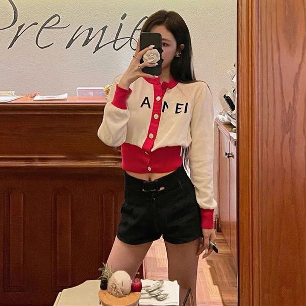

knits clothes womens t-shirt women clothing designer knitted slim cardigan sweater long sleeve round neck button with letter red black size, White