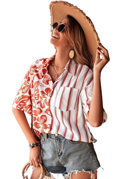 

floral & striped print pocket patched button front blouse r3hd#, White