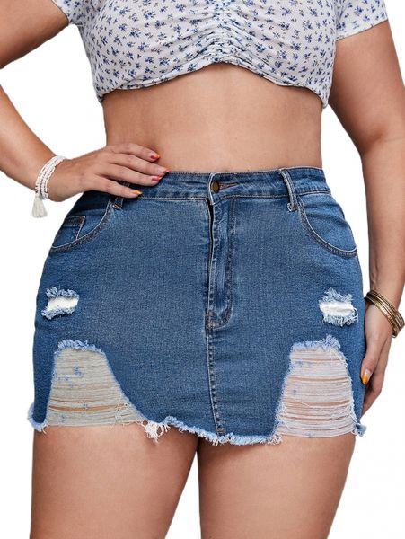 

plus high waist ripped raw trim denim skirt z8lj#, Black