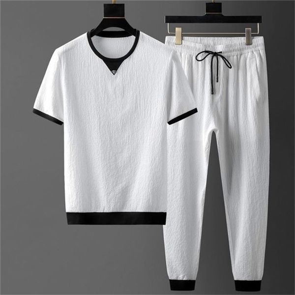 

men s sets summer short sleeve elastic waist trousers clothing two piece set korean streetwear tracksuit big size 220706, Gray