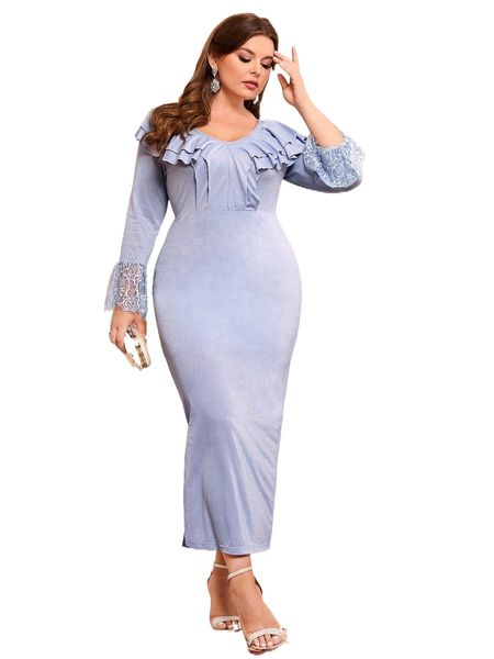 

plus flounce sleeve tiered layer split side dress v3ar#, Black