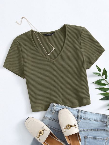 

v-neck rib-knit e7ng#, White