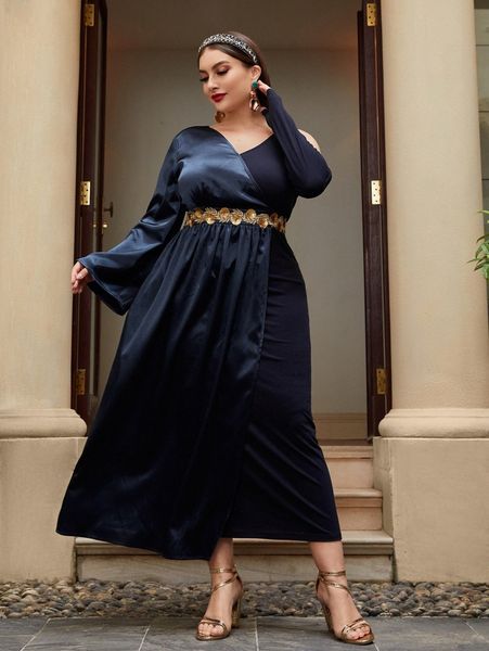 

plus surplice neck cut out tape detail satin dress t215#, Black