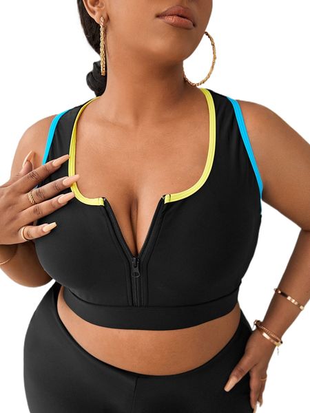 

plus contrast binding zip front bikini z9ql#, Black