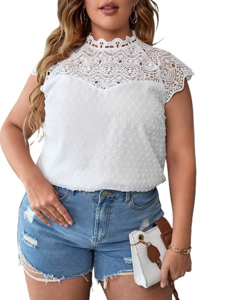

plus swiss dot eyelash lace insert blouse 219e#, Black