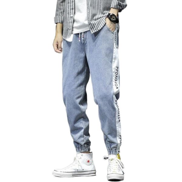 

men's jeans autumn men fashion washed letters printed casual drawstring denim trousers man streetwear hip hop loose harem pants1 l7f8#, Blue