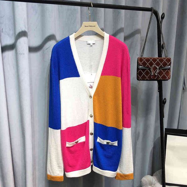 

women's knits & tees special autumn and winter v-neck long sleeved cardigan women's loose, thin, lazy style design, contrast color, White