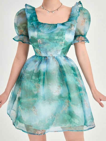 

cupid print puff sleeve ruffle trim organza dress m4oz#, Black;gray