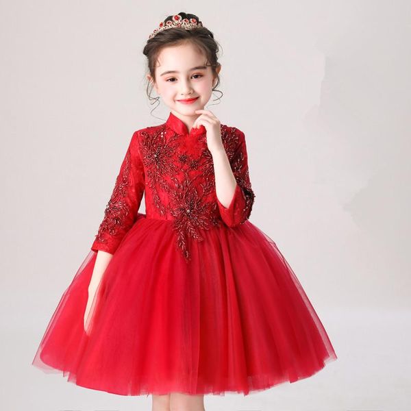 Abiti da ragazza Appliques Tulle rosso per bambini abiti da sera per perle in pizzo BAMBINA Abito da fiore per il matrimonio