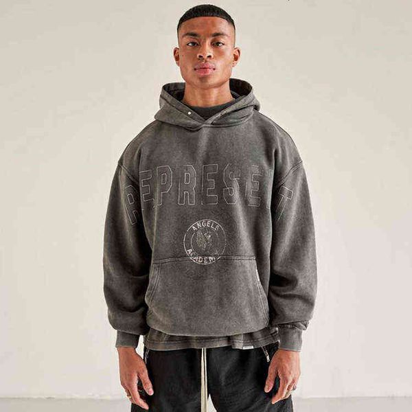 

washed present used hoodie american high street angel college print men's, Black
