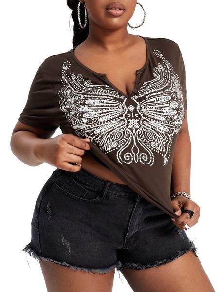 

sxy plus butterfly pattern notched neckline tee c9go#, Black
