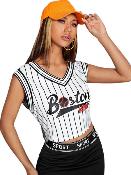 

striped & letter graphic crop tank 71cz#, White