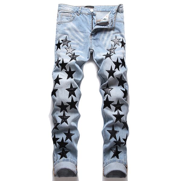Jeans da uomo elasticizzati slim fit Pantaloni pentagramma ricamati blu retrò punk Pantaloni casual in denim hip-hop moda primavera autunno