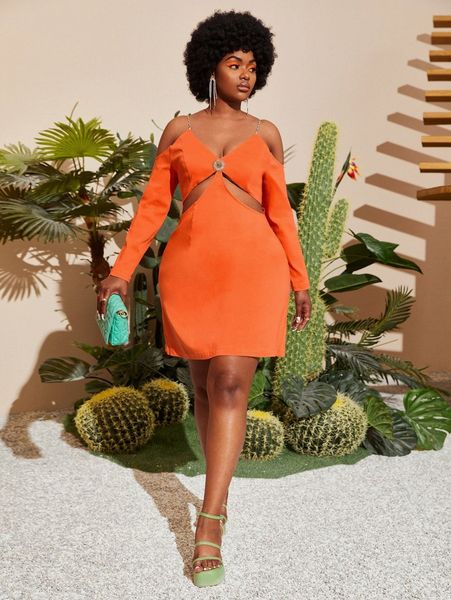 

plus rhinestone detail chain straps dress o24u#, Black