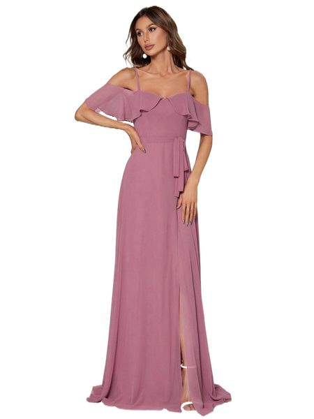 

ever-pretty cold shoulder split thigh belted chiffon maxi dress k5ij#, Black;gray