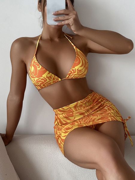

allover print halter triangle bikini swimsuit with beach skirt 69w1#, White;black