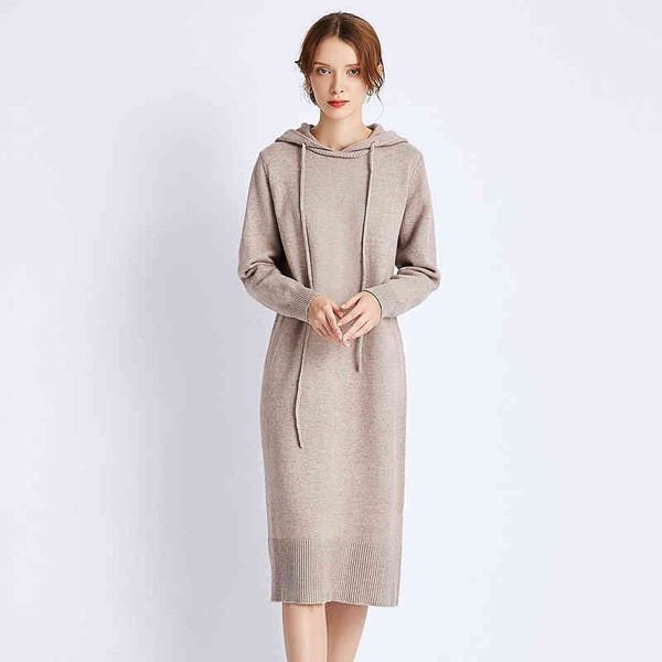 

hlbcbg pure color 2021 thick hooded sweater dress for women warm autumn winter straight sweater dress female loose sweater dress t220803, Black;gray
