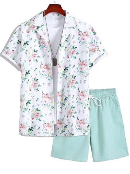 

men floral print shirt & solid shorts without tee a90s#, Gray