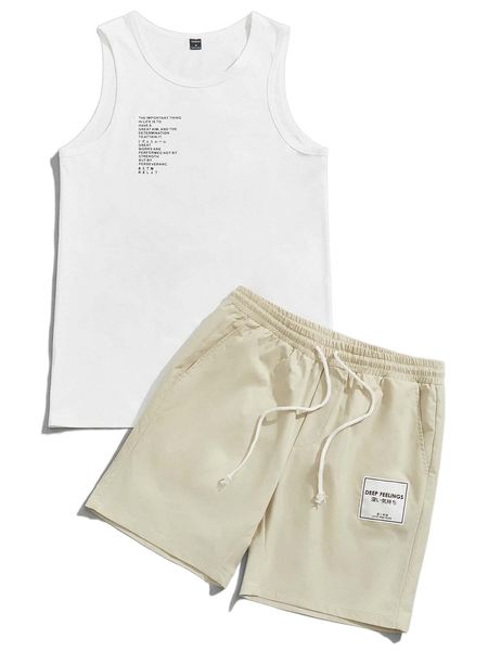

men slogan graphic tank & drawstring waist shorts l4tb#, Gray
