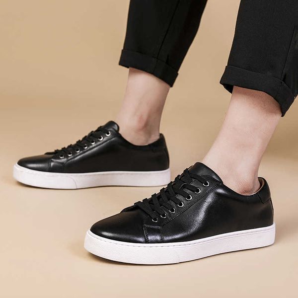 

elling men's british leather dress shoes thick bottom trend korean version leisure layer cow sneakers sports classic luxury quality, Black