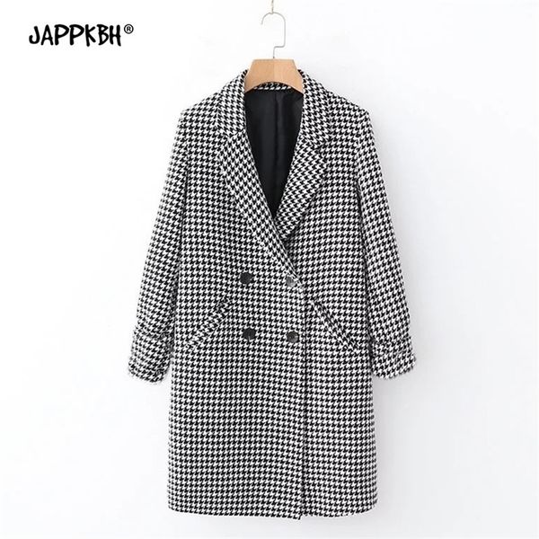 

vintage double breasted plaid jacket women 2020 autumn winter casual oversized loose woolen long coat female thick warm outwear t200814, Black