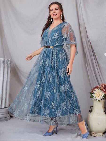 

plus floral embroidery cloak sleeve belted mesh dress 86d3#, Black