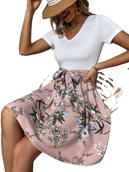 

floral print belted dress v1he#, Black;gray