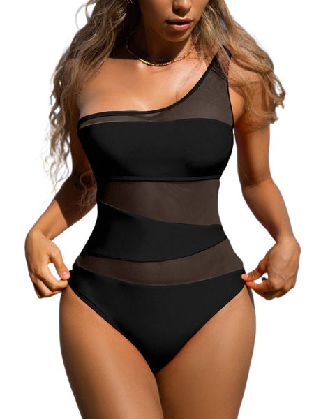 

bikinx contrast mesh one shoulder one piece swimsuit 06ti#, White;black
