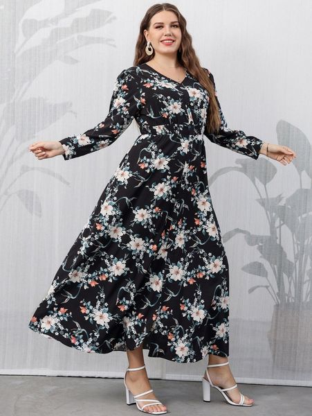 

plus floral print puff sleeve shirred dress z5s3#, Black
