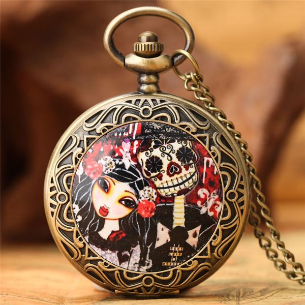 

steampunk couple skull pocket watch gothic skulls flower pattern quartz analog clock 80cm long necklace chain gift, Slivery;golden