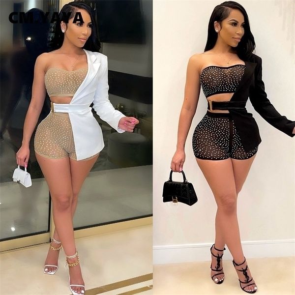 

cm.yaya women set full sleeve mesh see though s strapless crop +shorts +blazers 3 pieces sets tracksuits fall 220315, White