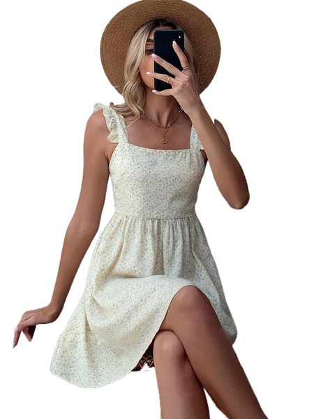 

ditsy floral ruffle trim shirred back dress n9ki#, Black;gray