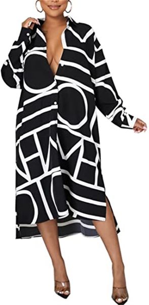 

& tees women's v-neck shirt dress lapel buckle loose leisure long dress, White