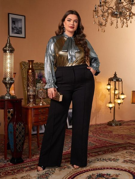 

plus colorblock tie neck flounce sleeve blouse r2zn#, Black