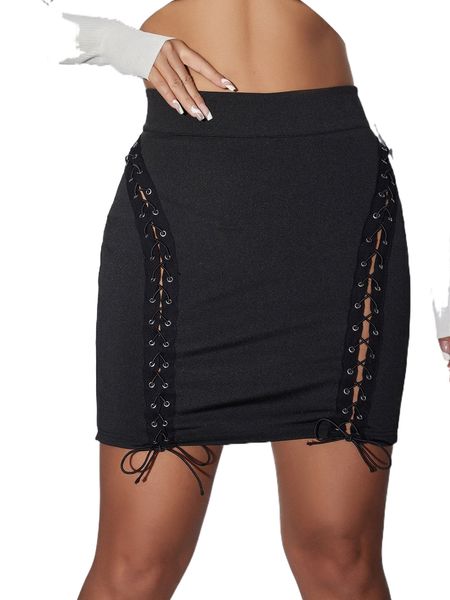 

sxy lace up high waist skirt q1hg#, Black