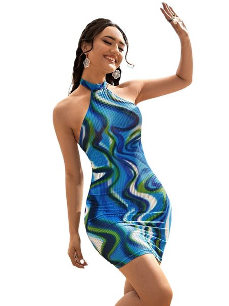 

marble print tie backless halter bodycon dress x9xn#, Black;gray