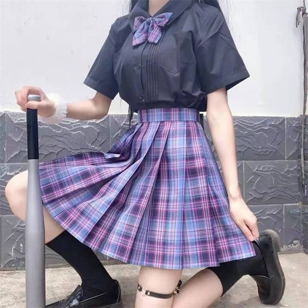 

zoki plaid women pleated skirt bow knot summer high waist preppy girls dance mini cute a line harajuku japan faldas 220317, Black