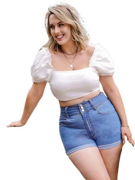 

plus button roll up hem denim shorts k1zj#, White;black