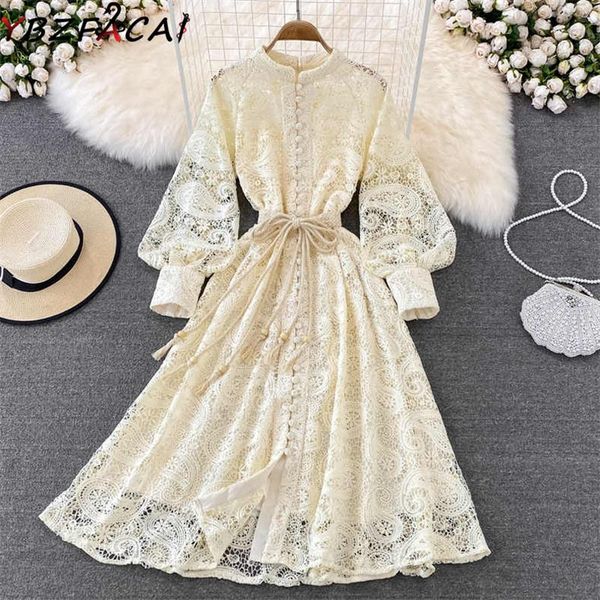 

casual dresses fall women black/beige lace cutout dress lady elegant lantern long sleeve single breasted up slim, Black;gray