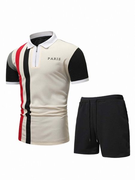 

men letter graphic zipper polo shirt & drawstring waist shorts v3f1#, Gray