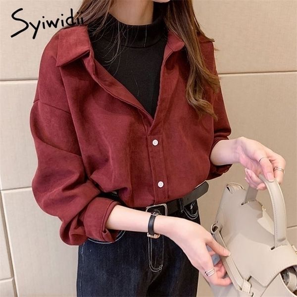 

syiwidii corduroy blouses fake two pieces shirt plus size clothing for women blouses vintage korean solid red yellow casual 210326, White