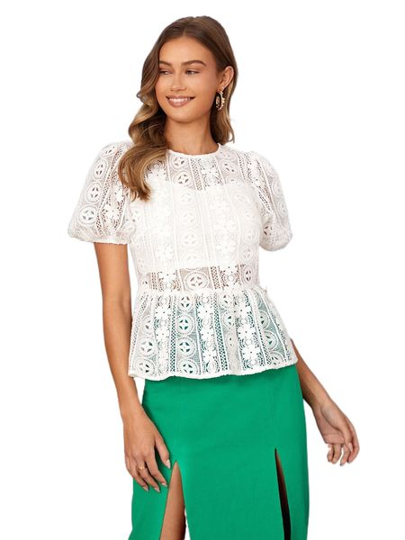 

puff sleeve sheer lace peplum d7vu#, White